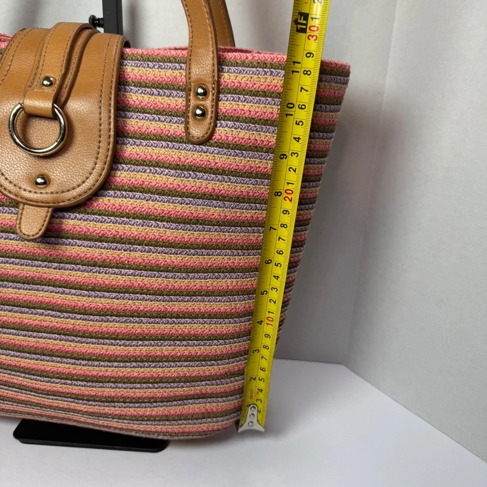 Liz Claiborne Woven Striped Multicolor Tote Shoulder Bag Tan Faux Leather Straps